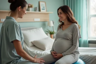 Femme enceinte sur ballon de maternité dans une salle de naissance