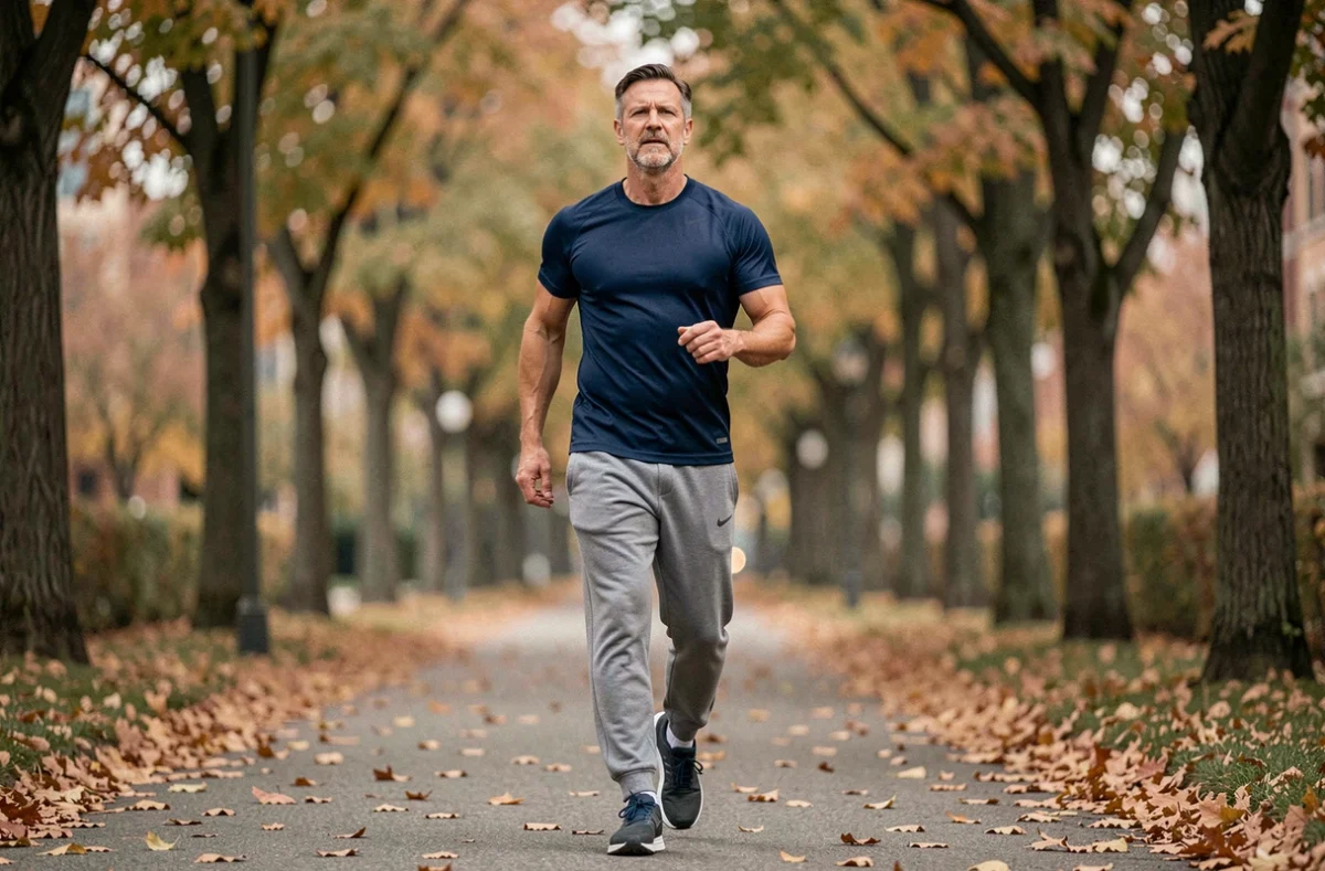Homme d'âge mûr marchant rapidement dans un parc en automne dans le cadre d'une routine d'activité physique contre le cholestérol