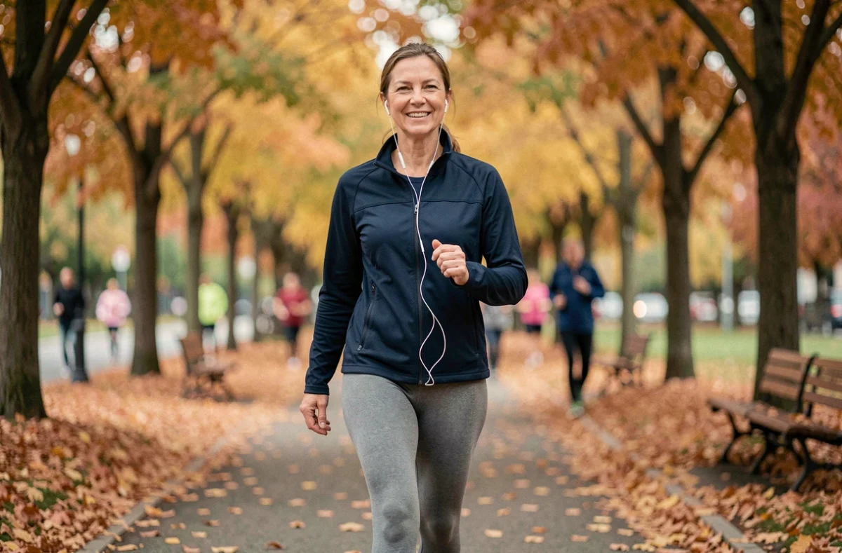 Femme de 58 ans pratiquant la marche rapide dans un parc urbain en automne pour préserver sa santé cérébrale après découverte de taches blanches à l'IRM