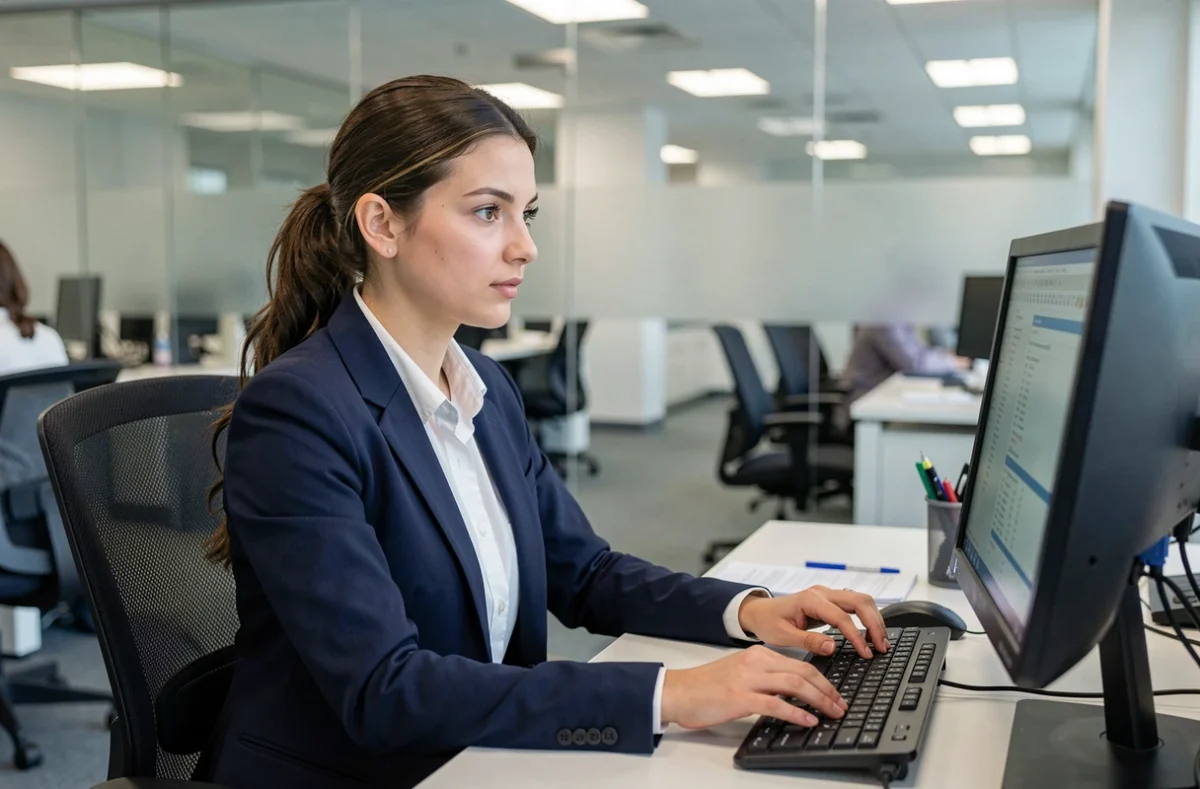 Administratrice médicale saisissant les avis patients sur le GCA 2700 dans un bureau professionnel