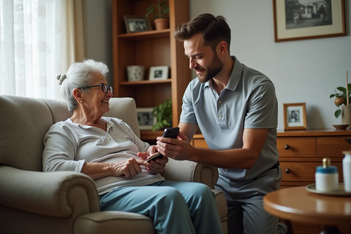 Aide soignant à domicile consultant les données de soins sur smartphone auprès d'une personne âgée