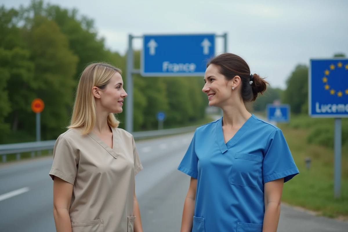 Deux aides soignantes française et luxembourgeoise discutant près d'un panneau de frontière franco-luxembourgeoise