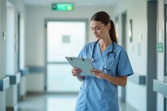 Aide soignante en uniforme bleu tenant un clipboard dans un couloir d'hôpital luxembourgeois moderne