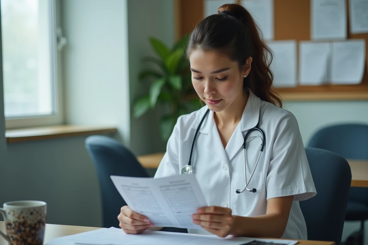Aide soignante consultant des documents de comparaison salariale dans une salle de pause médicale