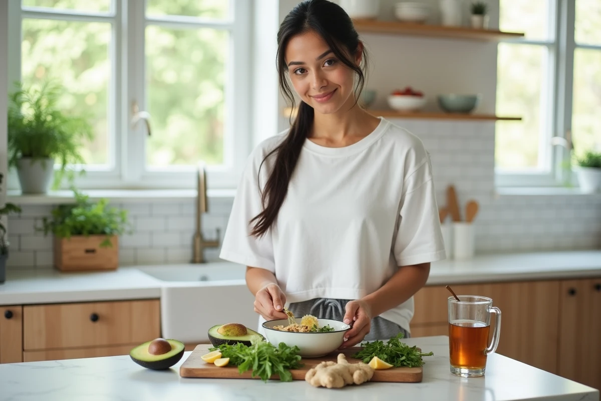 Femme préparant une alimentation anti-inflammatoire dans sa cuisine dans le cadre d'un traitement naturel de la maladie de Ménière