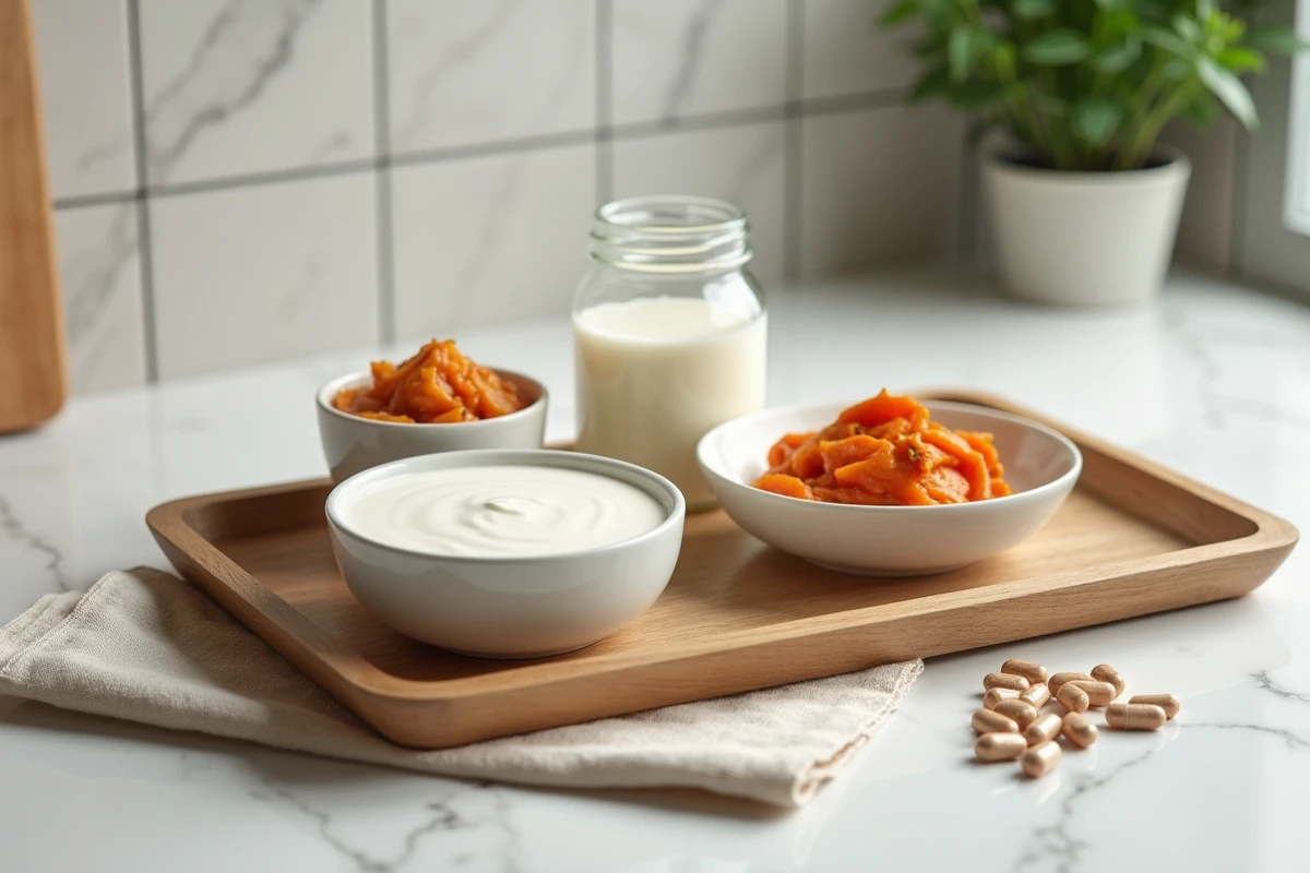 Plateau d'aliments probiotiques naturels incluant yaourt, kéfir et kimchi pour illustrer la protection de l'estomac sensible