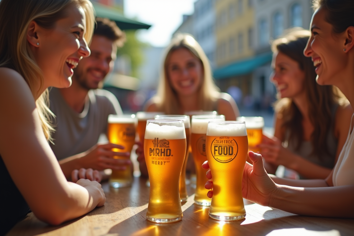 Groupe d amis dégustant une bière sans gluten en extérieur