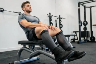 Athlète masculin portant des bottes de récupération pneumatiques lors d'une séance de récupération dans un centre sportif moderne