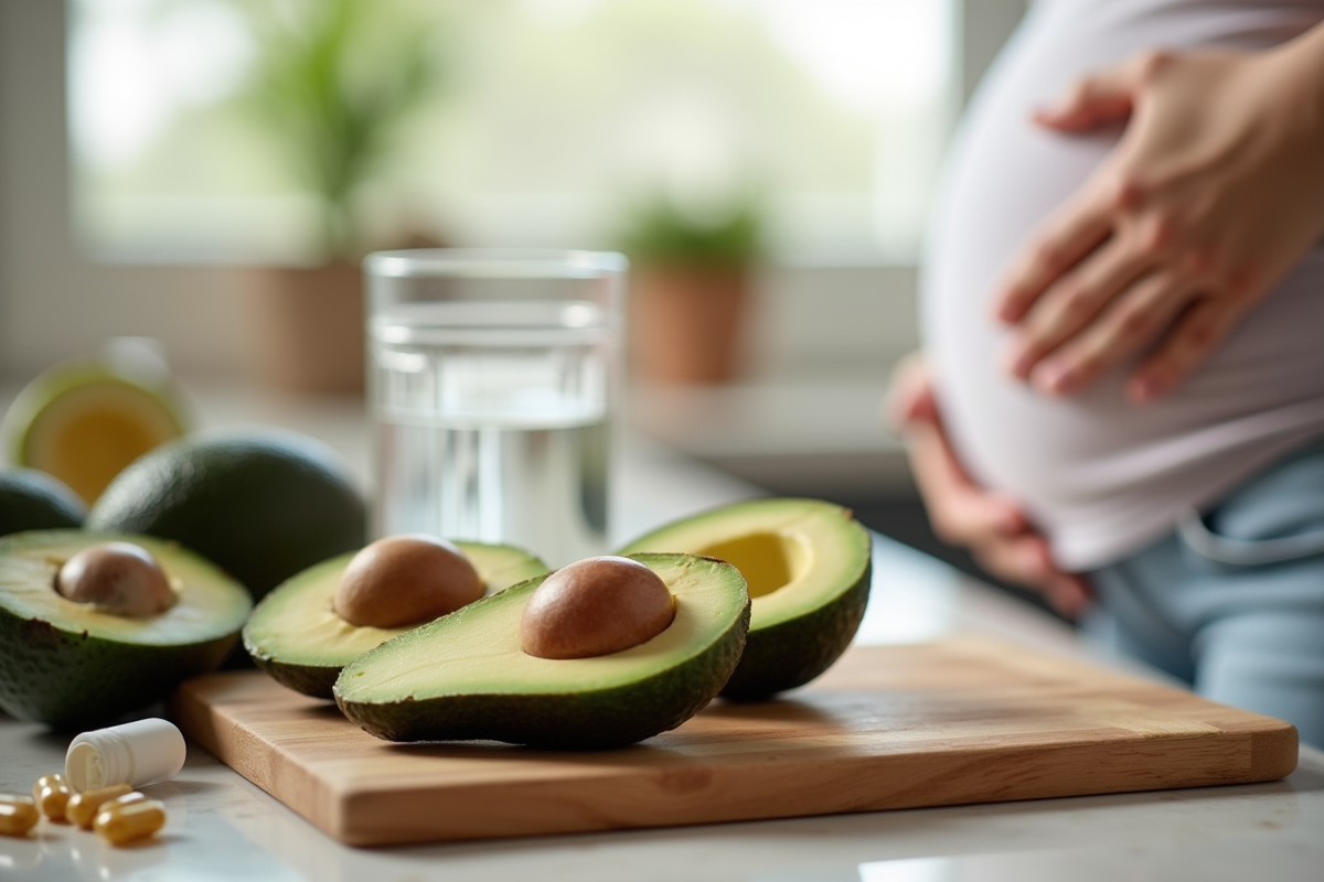 Avocat tranché avec vitamines prénatales sur planche en bois