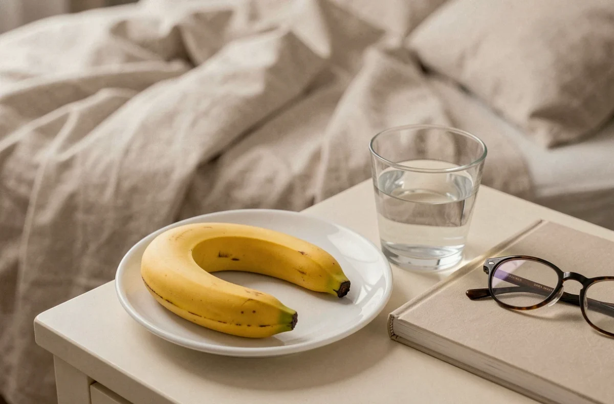Banane posée sur une table de nuit le soir comme collation légère pour un régime minceur