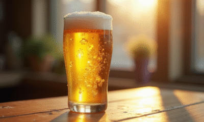 Bière glacée sans gluten sur une table en bois