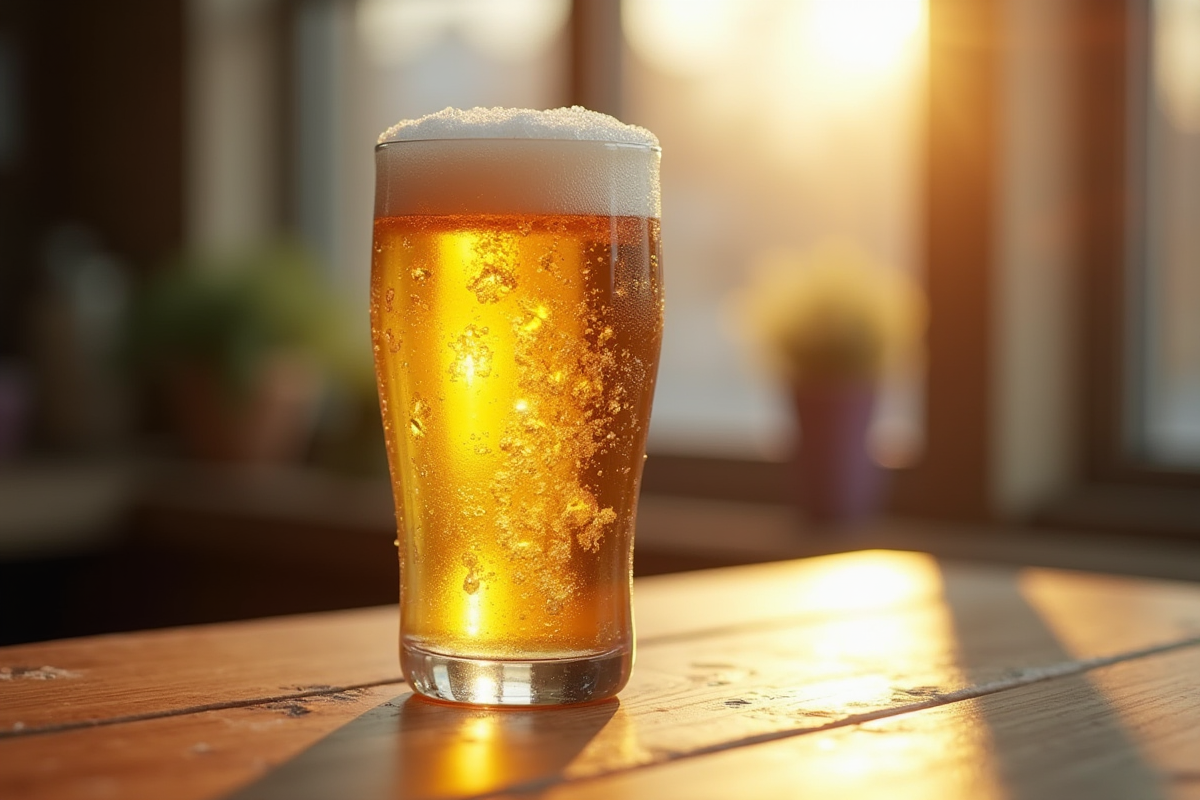 Bière glacée sans gluten sur une table en bois