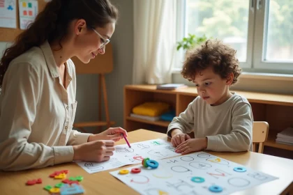 Ergothérapeute réalisant un bilan des troubles DYS avec un jeune enfant autour d'exercices de lettres et de fiches d'écriture