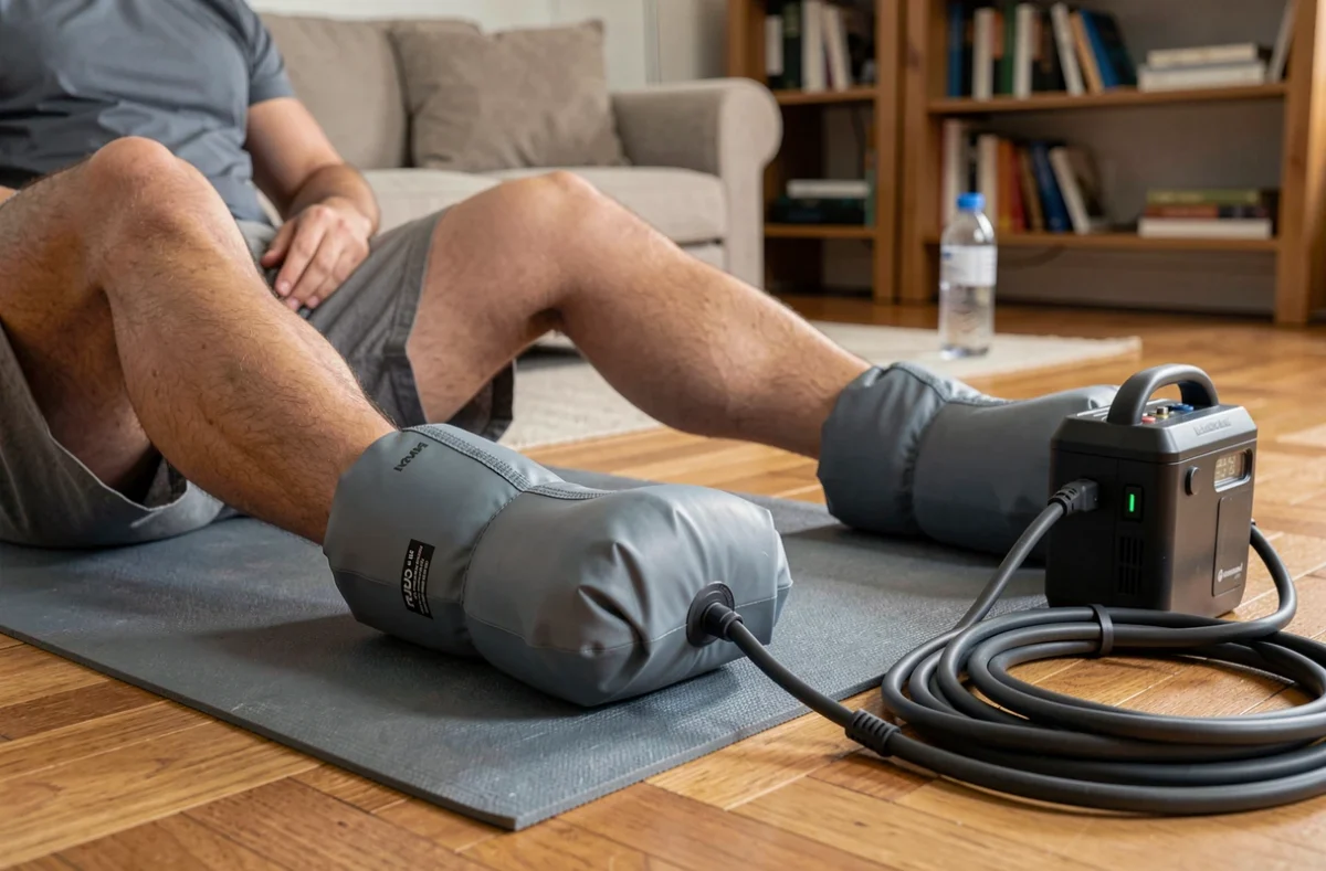 Gros plan sur des bottes de récupération gonflées utilisées à domicile par un sportif allongé sur un tapis de yoga