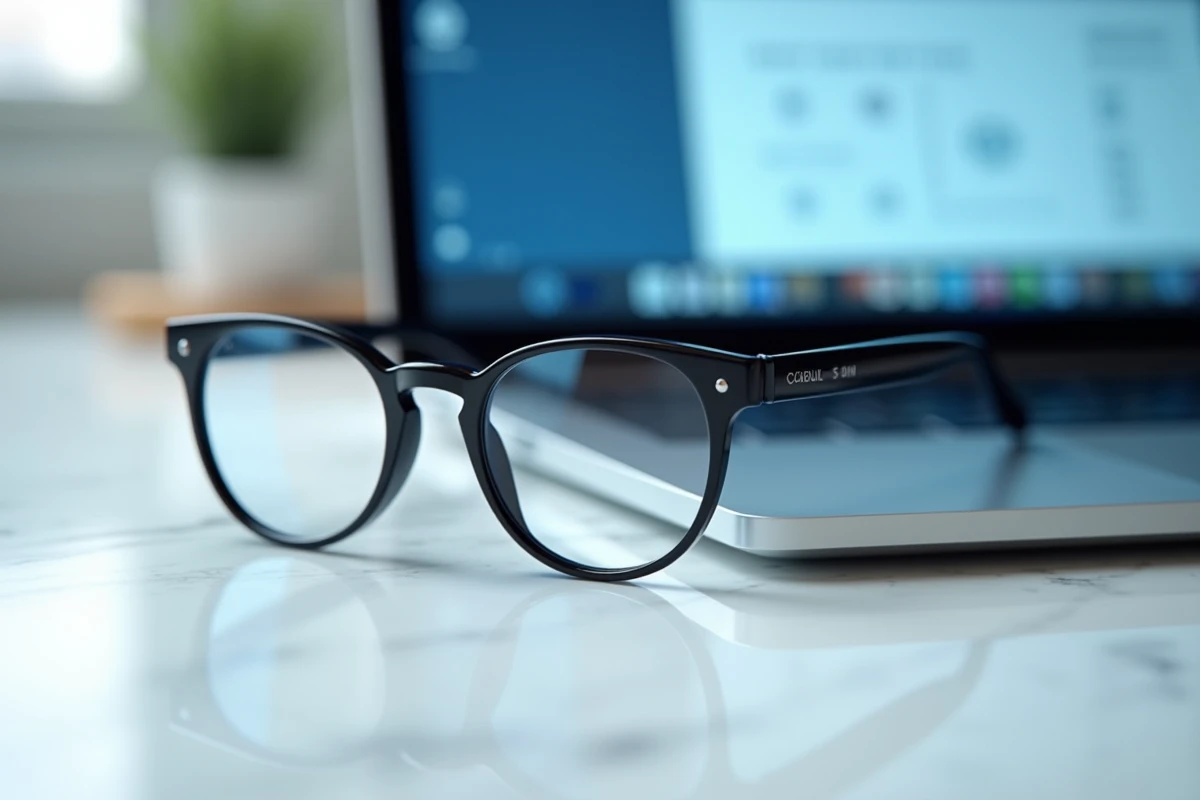 Lunettes à verres minces posées près d'un ordinateur affichant une calculette d'épaisseur de verres en ligne