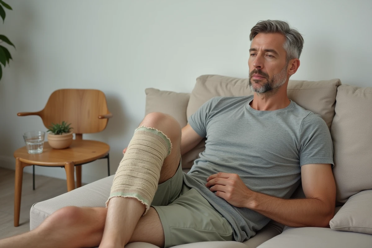 Homme allongé sur un canapé avec un cataplasme d'argile verte appliqué sur le genou pour soulager la douleur