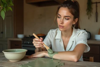 Femme préparant un cataplasme d'argile verte maison appliqué sur l'avant-bras dans une cuisine rustique