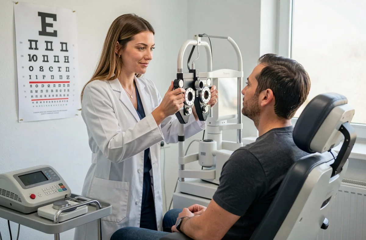 Ophtalmologiste réalisant un examen de vue avec phoroptère dans une salle de consultation du Centre Ophtalmologique d'Amiens