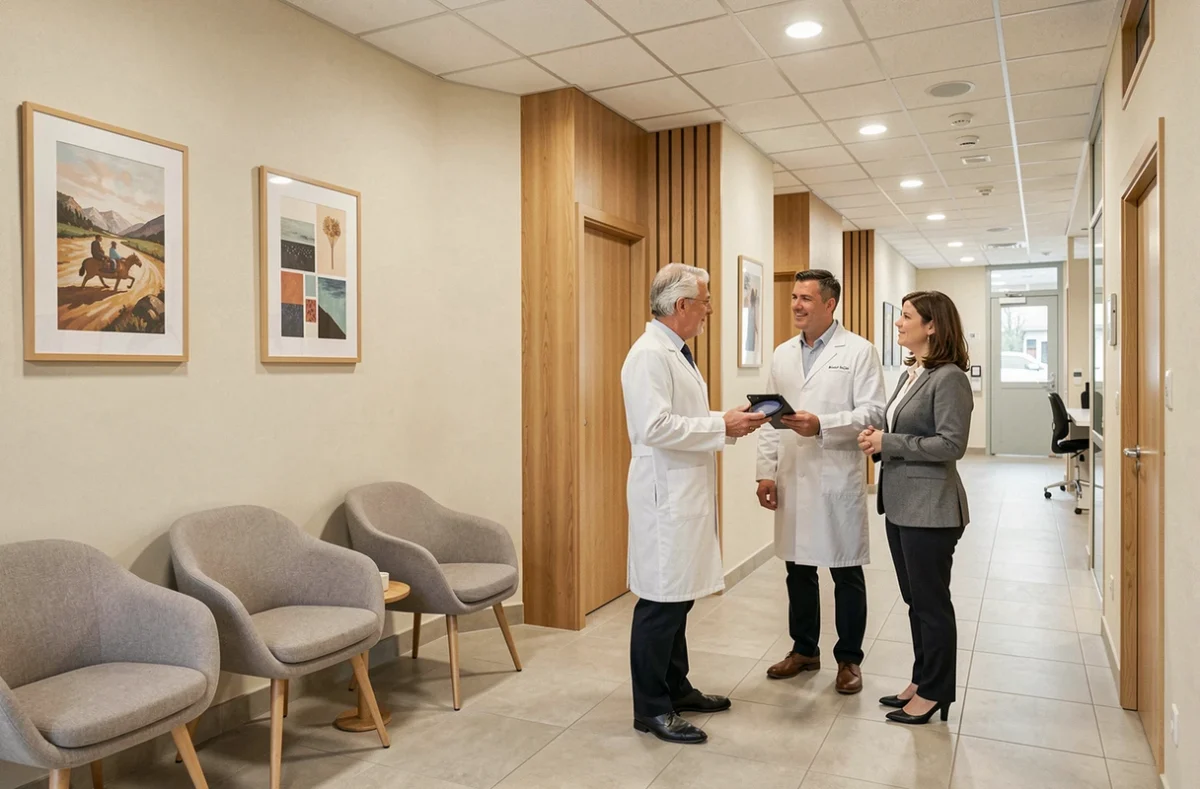 Espace intérieur moderne du Centre Ophtalmologique de Marcq-en-Baroeul avec ophtalmologue accueillant une patiente