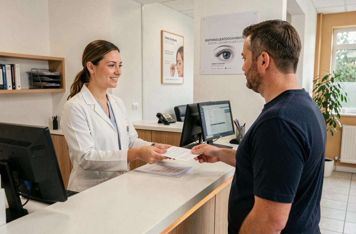 Réceptionniste accueillant un patient au bureau d'accueil du Centre Ophtalmologique de Valenciennes