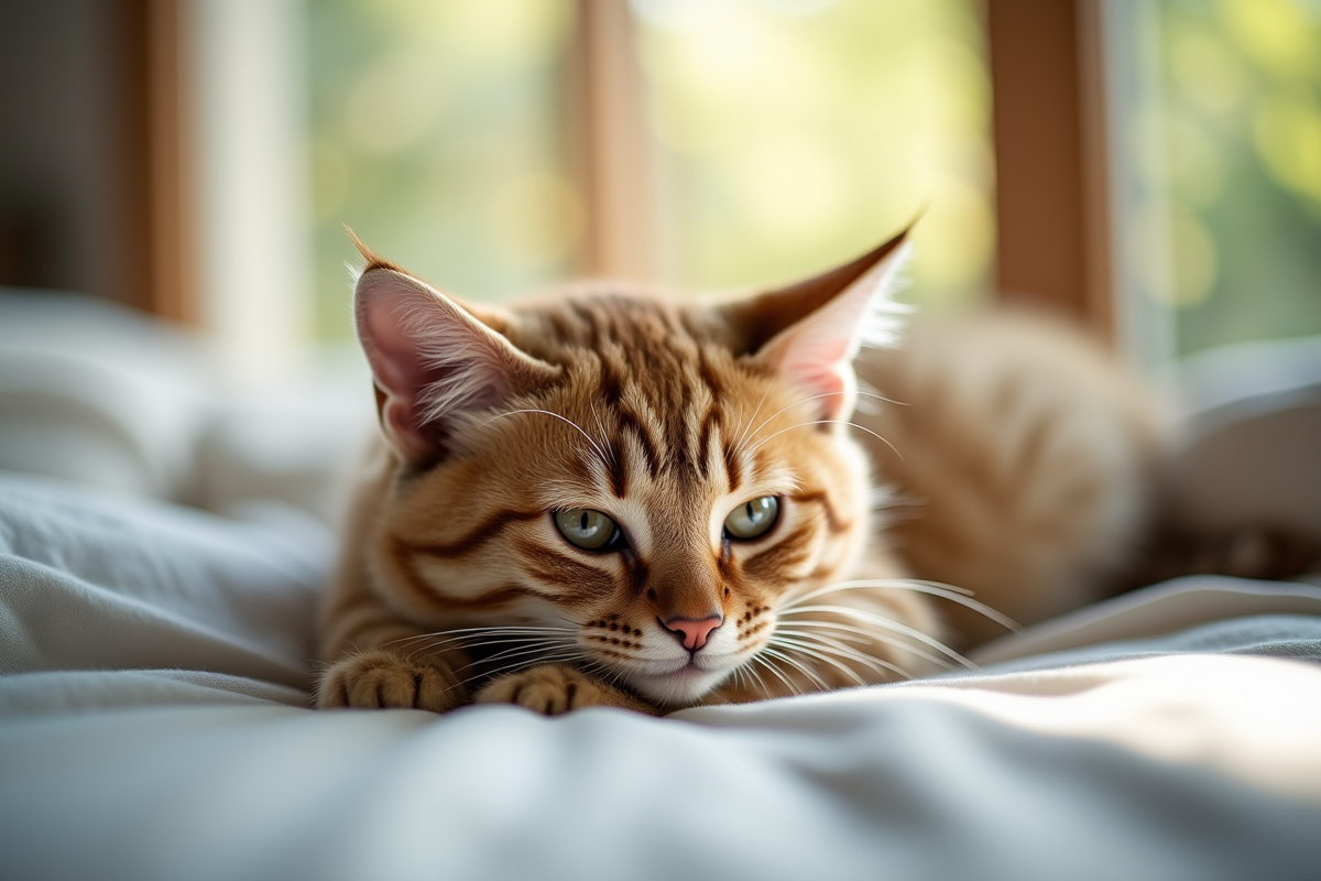 Chat antiallergique détendu sur un lit sous la lumière naturelle
