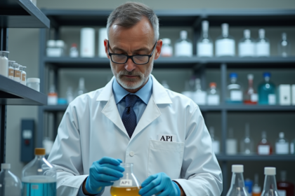 Scientifique en blouse examinant un flacon API en laboratoire