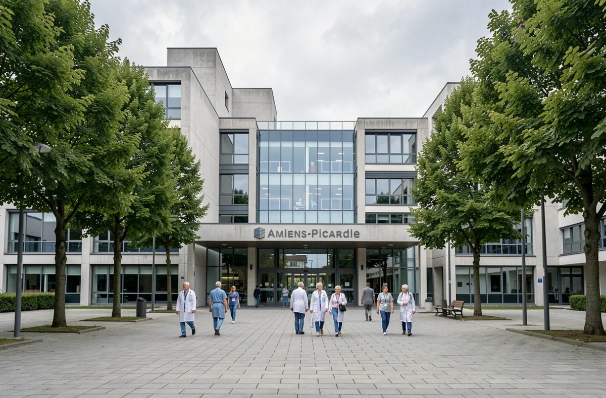 Bâtiment moderne du CHU Amiens-Picardie avec son architecture contemporaine et son entrée principale animée par des patients et soignants