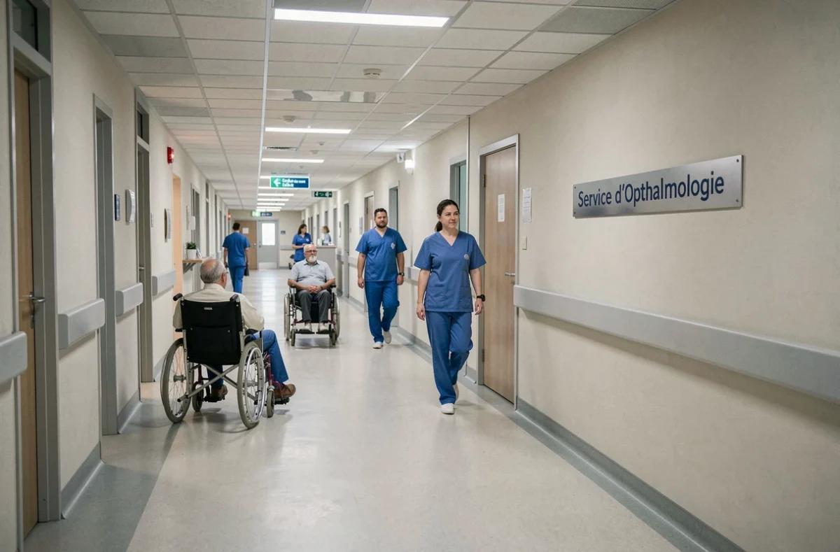 Couloir du service d'ophtalmologie du CHU de Lille avec personnel soignant et patients en milieu hospitalier universitaire