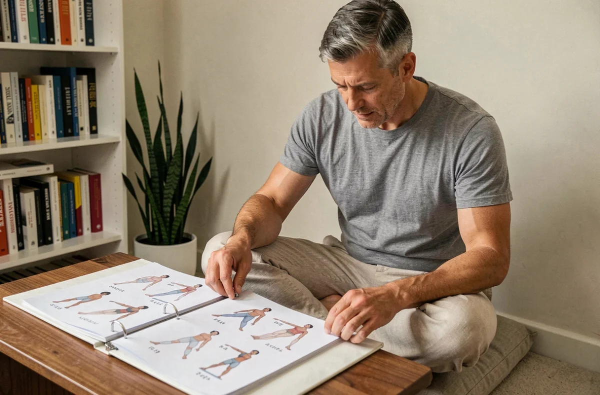 Homme organisant des fiches imprimées de postures de yoga en 108 asanas dans un classeur à anneaux sur un bureau en bois