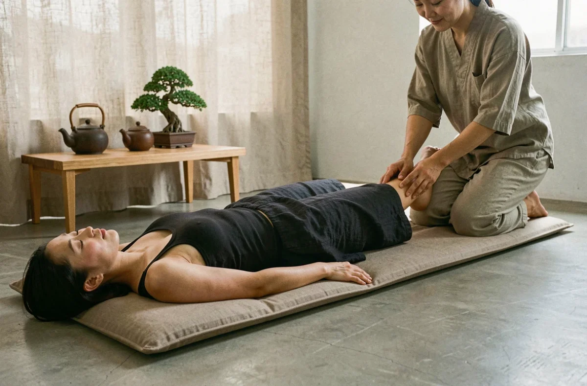 Cliente allongée recevant un massage japonais anma complet dans une salle de soin minimaliste avec bonsaï et théière