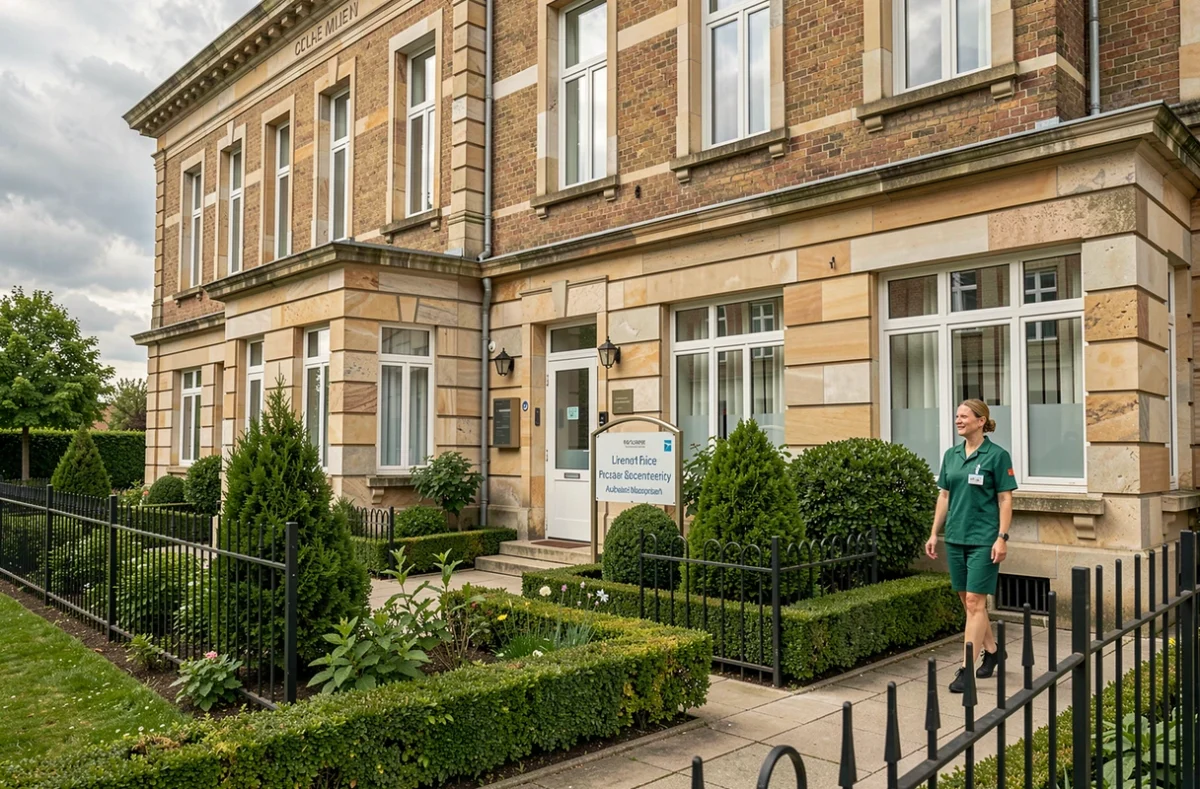 Façade de la Clinique de la Louvière à Lille avec jardin soigné et entrée principale d'une clinique privée
