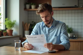 Jeune conducteur novice consultant les règles du taux d'alcool autorisé à 0,2 g/l avec un éthylotest personnel sur une table de cuisine