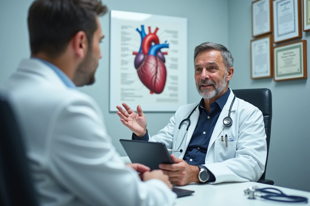 Cardiologue en consultation expliquant le fonctionnement d'un pacemaker à un patient dans un cabinet médical