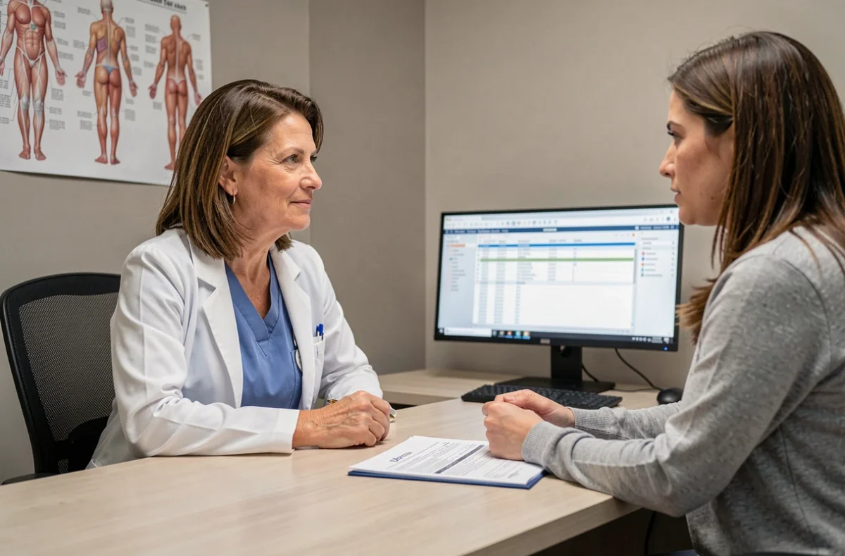Consultation médicale entre une gynécologue et une patiente sur les suites opératoires d'une ablation des trompes