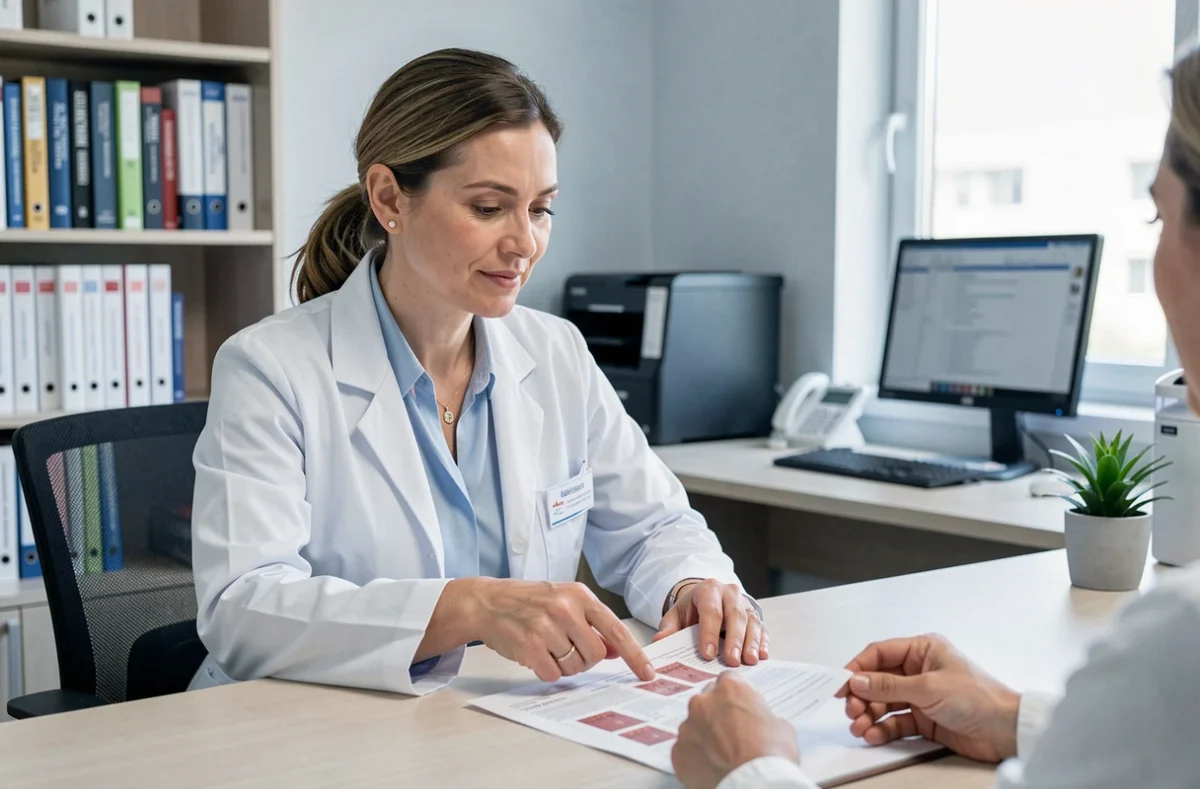 Médecin généraliste expliquant les résultats d'un bilan lipidique à un patient lors d'une consultation sur le cholestérol