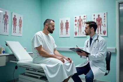 Patient masculin en consultation médicale pour des ganglions inguinaux avec un médecin généraliste
