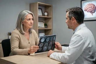 Femme de 55 ans consultant un neurologue sur des résultats d'IRM cérébrale montrant des taches blanches dans le cerveau