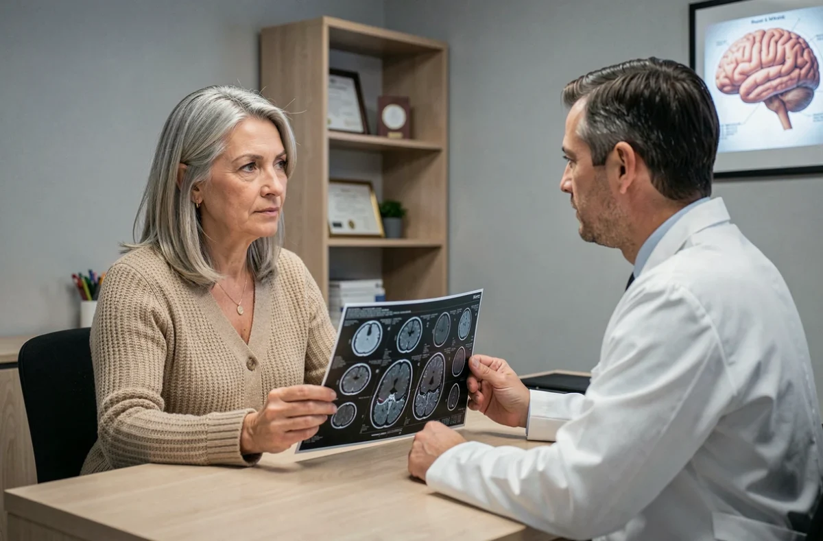 Femme de 55 ans consultant un neurologue sur des résultats d'IRM cérébrale montrant des taches blanches dans le cerveau