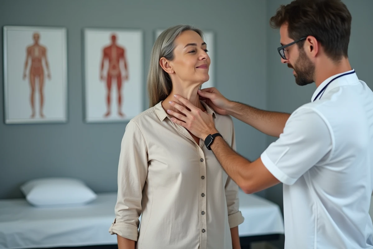 Femme consultant un physiothérapeute pour une douleur musculaire au bras gauche et une nuque raide en cabinet médical