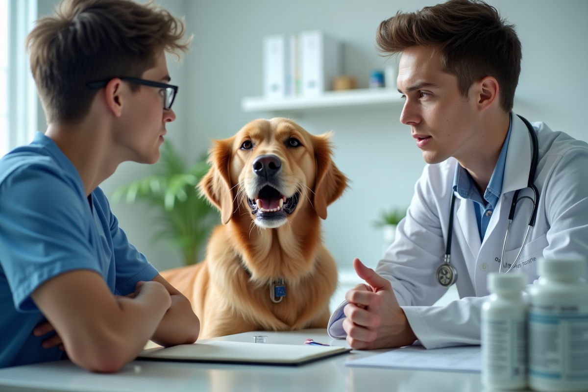 Consultation vétérinaire avec un homme et son chien golden retriever