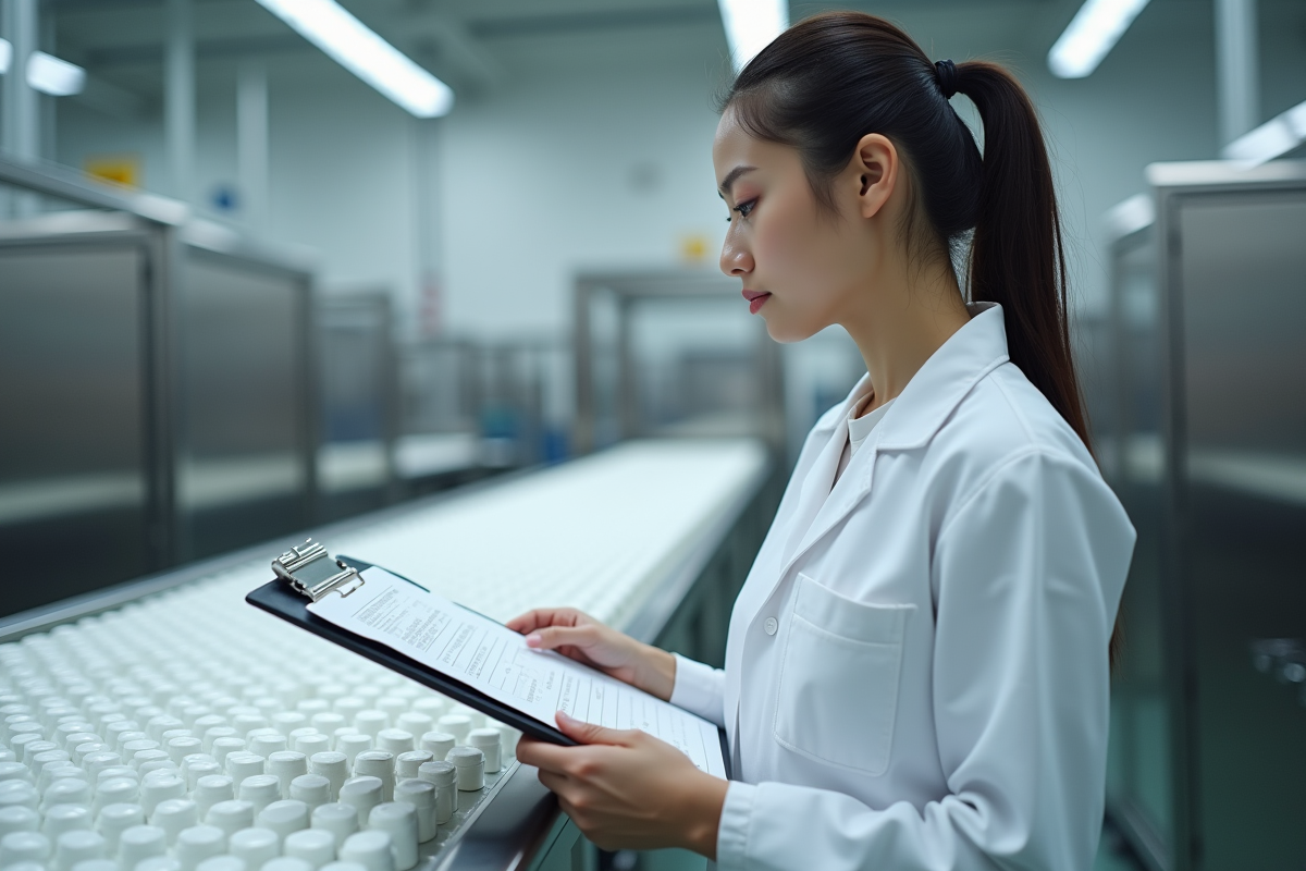 Jeune analyste contrôlant des comprimés dans une usine pharmaceutique