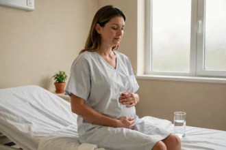 Femme en convalescence après une ablation de la trompe, assise dans une chambre d'hôpital calme