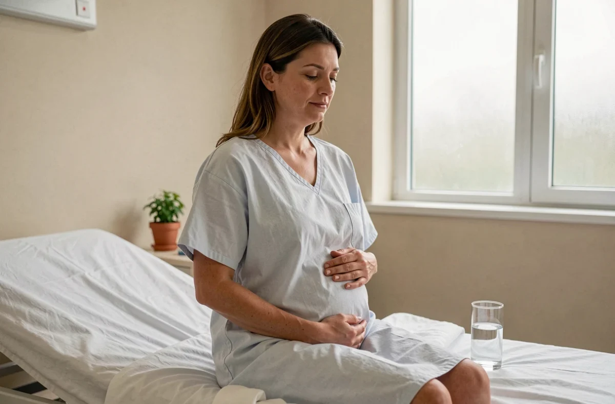 Femme en convalescence après une ablation de la trompe, assise dans une chambre d'hôpital calme