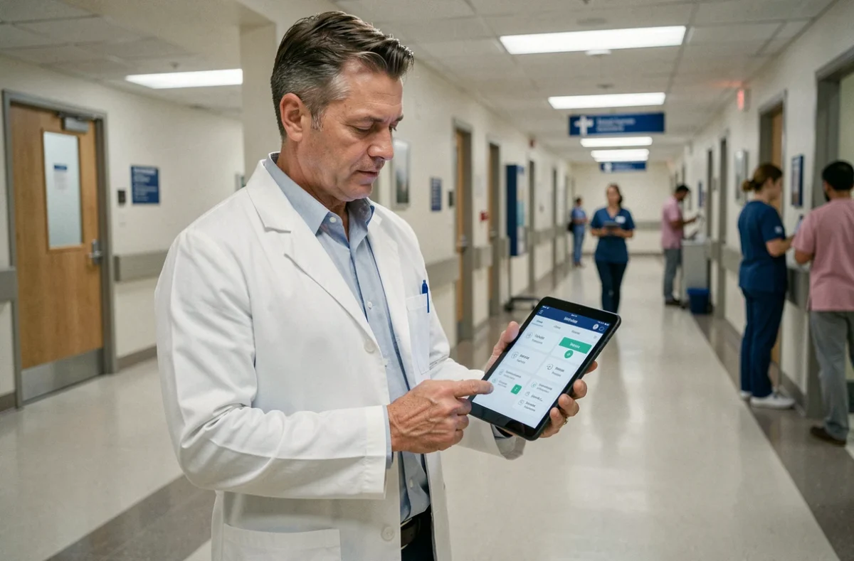 Coordinateur de soins consultant une plateforme numérique sur tablette dans un couloir d'hôpital