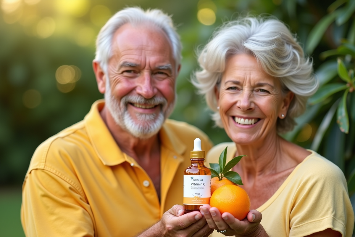 Couple senior dans un jardin avec oranges et soin visage vitaminé
