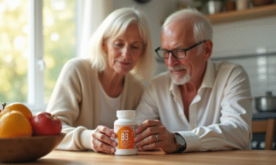 Couple senior dans une cuisine lumineuse examine des vitamines B3