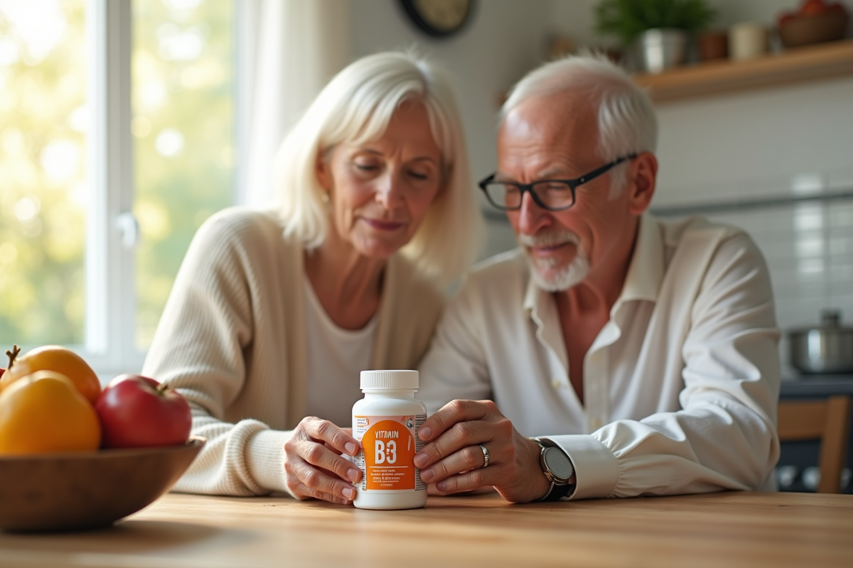 Couple senior dans une cuisine lumineuse examine des vitamines B3