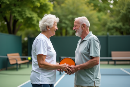 Couple senior souriant jouant au pickleball en extérieur