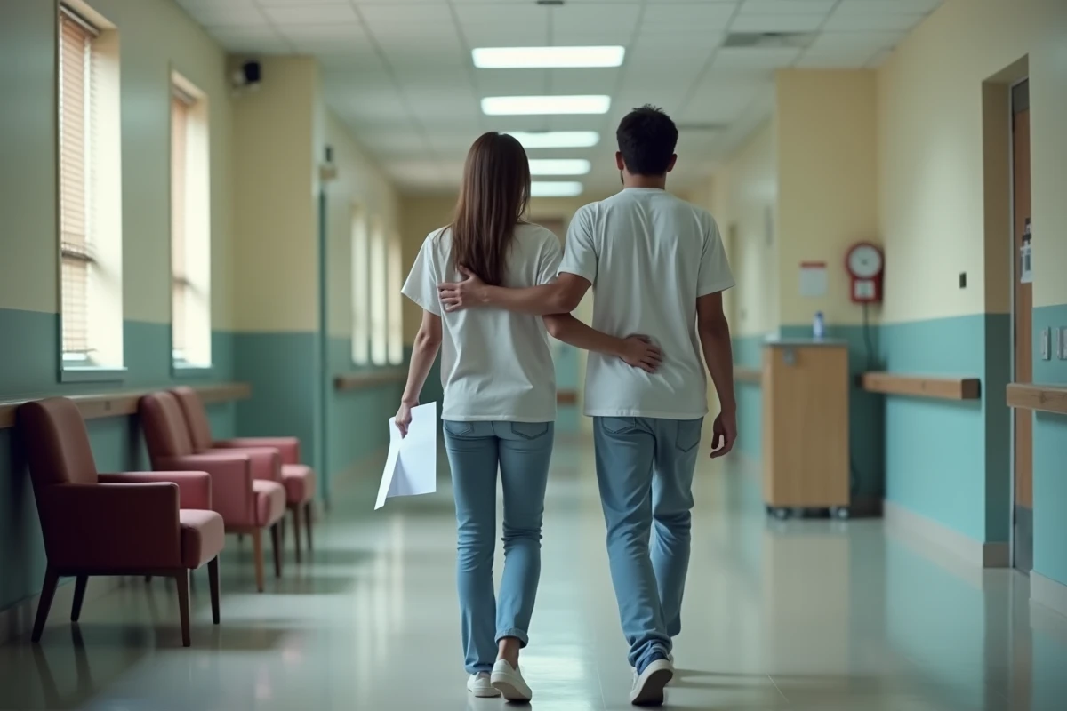 Couple marchant dans un couloir d