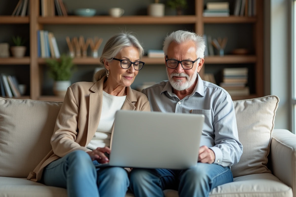 Couple vérifiant leurs remboursements santé Sévéane Groupama sur ordinateur portable à domicile